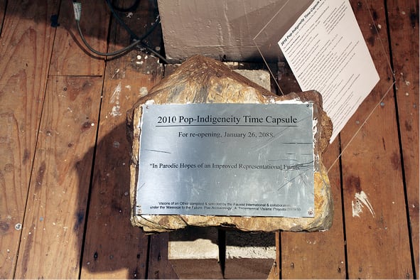 The Fauxist International, <em>Pop-Indigineity Time Capsule</em> 2009, deinstalled stainless steel plaque, concrete and contents list. Courtesy of the artists. Photography: Carl Waner
