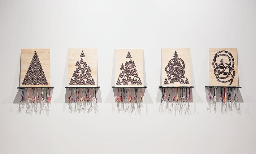 Alasdair McLuckie, <em>Livin’ in Eggshells 1–4</em> 2008, and Gimme, Gimme, Gimme Shelter 2008, ballpoint pen on plywood, shelf and synthetic wool, in Dream Weavers at CAST, Hobart, 2010. Courtesy of the artist