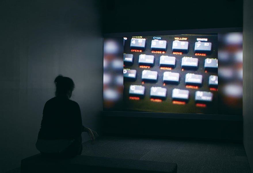 Installation view, <em>Technologism</em>, Monash University Museum of Art, Melbourne, 3 October – 12 December 2015, with Aleksandra Domanović, <em>From yu to me</em> 2013, HD video, colour, sound, 34 minutes 33 seconds. Courtesy of the artist and Tanya Leighton, Berlin. Photo credit: Zan Wimberley.