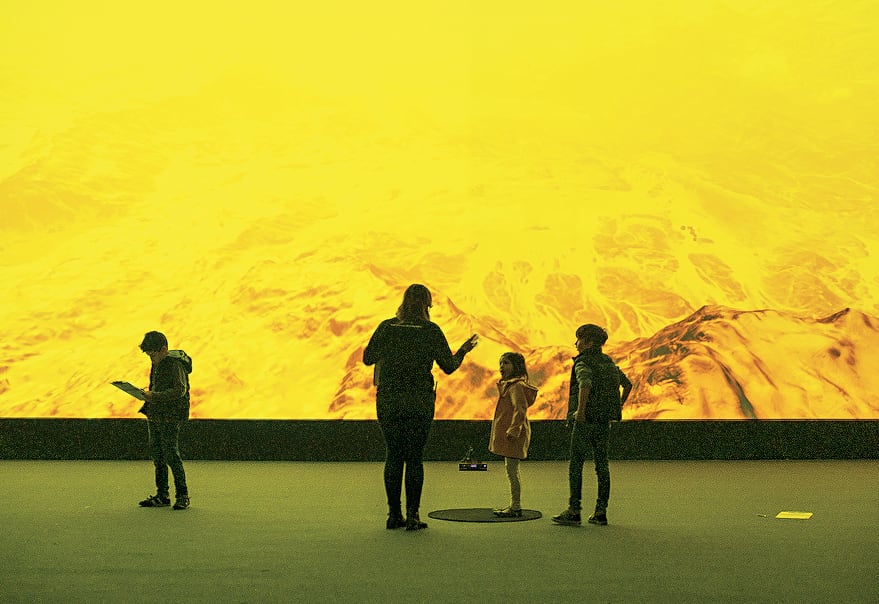 David Haines and Joyce Hinterding, Geology 2015. Installation view, <em>Energies: Haines & Hinterding</em>, Museum of Contemporary Art, Sydney, 2015 Realtime 3D environment, 2 × HD projections, game engine, motion sensor, spatial 3D audio. Image courtesy the artists and Sarah Cottier Gallery, Sydney. Photo credit: Christopher Snee