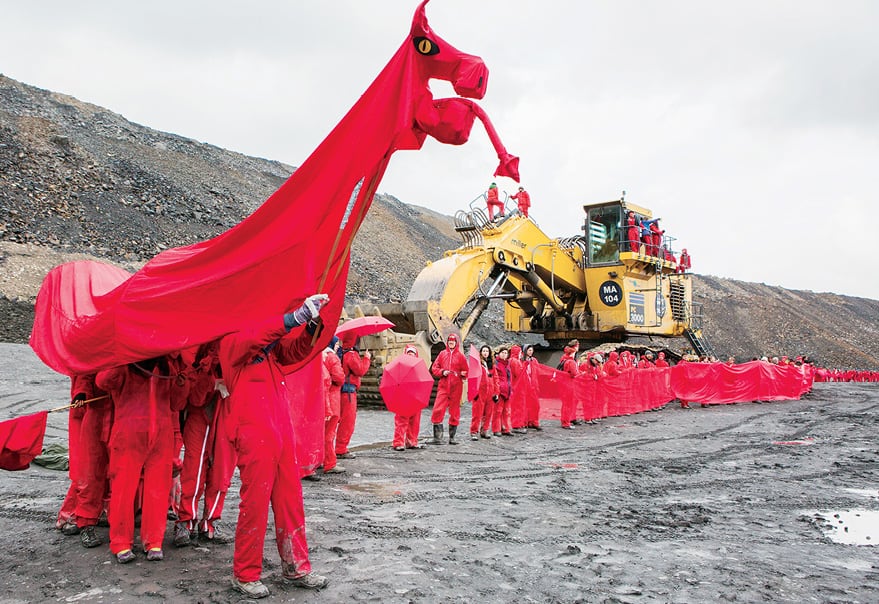 Welsh Dragon takes on Digger, End Coal Now, Ffos-y-Fran, Wales, UK, 2016. Photo credit: Amy Scaife / Reclaim the Power