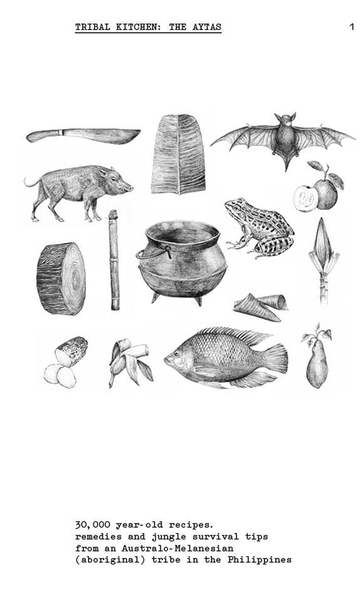 A page from <em>Tribal Kitchen: The Aytas</em>, a cookbook of 30,000 year-old tribal recipes and remedies. Part of the larger documentary film project, Lupang, by Carlos Casas, Lobregat Balaguer and Stefan Kruse Jørgensen. Illustration by Ines Agathe Maud. Design by Kristian Henson. Funded by the Earth Observatory of Singapore Visiting Artist Program (EOSVAP).