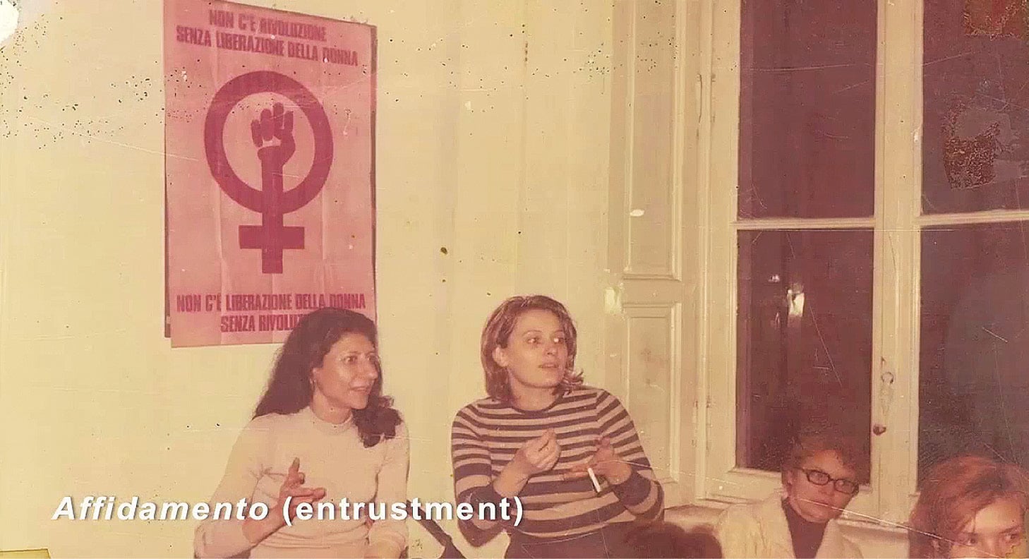 Alex Martinis Roe, <em>Our Future Network</em>, with contributions from Cécile Bally, Deborah Ligorio, Carolina Soares, Valerie Terwei and Lea von Wintzingerode. Still from live-broadcast video including material courtesy the Milan Women’s Bookstore Collective Archive Haus der Kulturen der Welt, Berlin, 2015