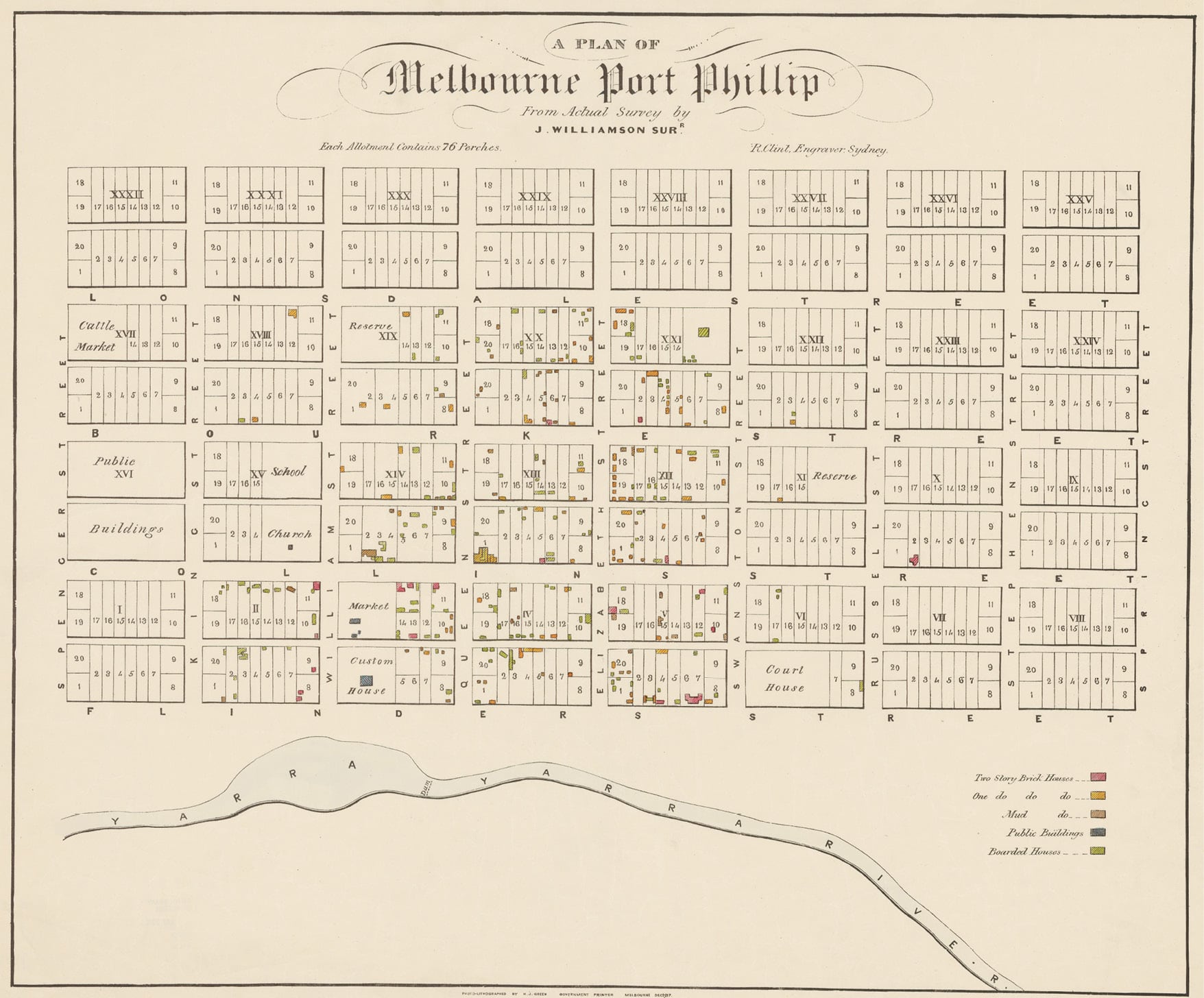 Map of central Melbourne showing location of brick houses, mud buildings, public buildings and boarded houses. J. Williamson, c. 1839. State Library of Victoria Maps Collection