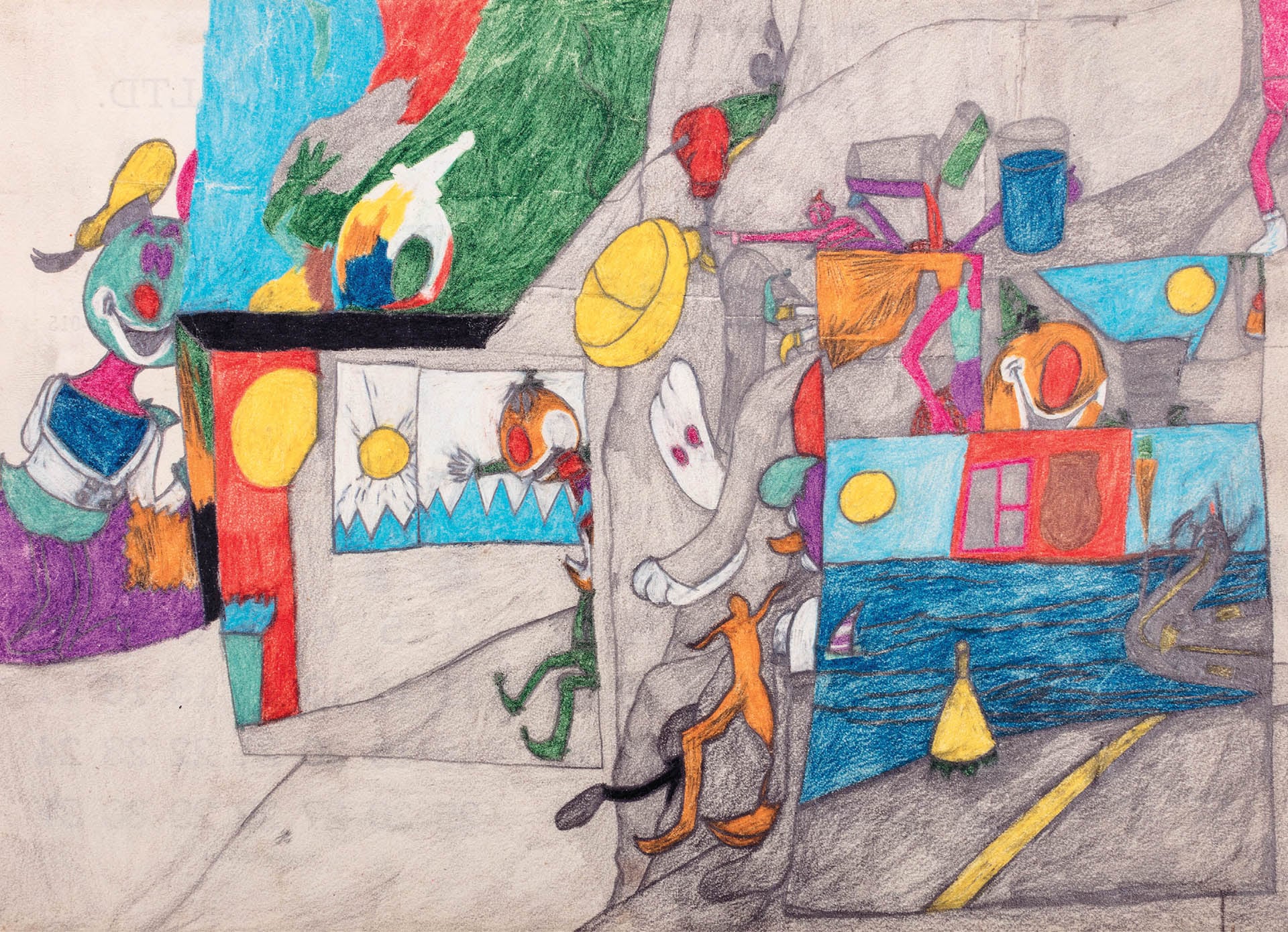 Susan Te Kahurangi King, <em>Untitled (D03108)</em> c. 1966–1967. Graphite and colored pencil on found paper. 19.5 × 28 cm. Courtesy the artist, Chris Byrne and Marlborough Contemporary.