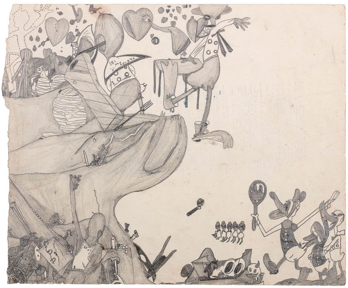 Susan Te Kahurangi King, <em>Untitled (A30137)</em>, c. 1965. Graphite on found paper. 18.5 × 22.5 cm. Courtesy the artist, Chris Byrne and Marlborough Contemporary