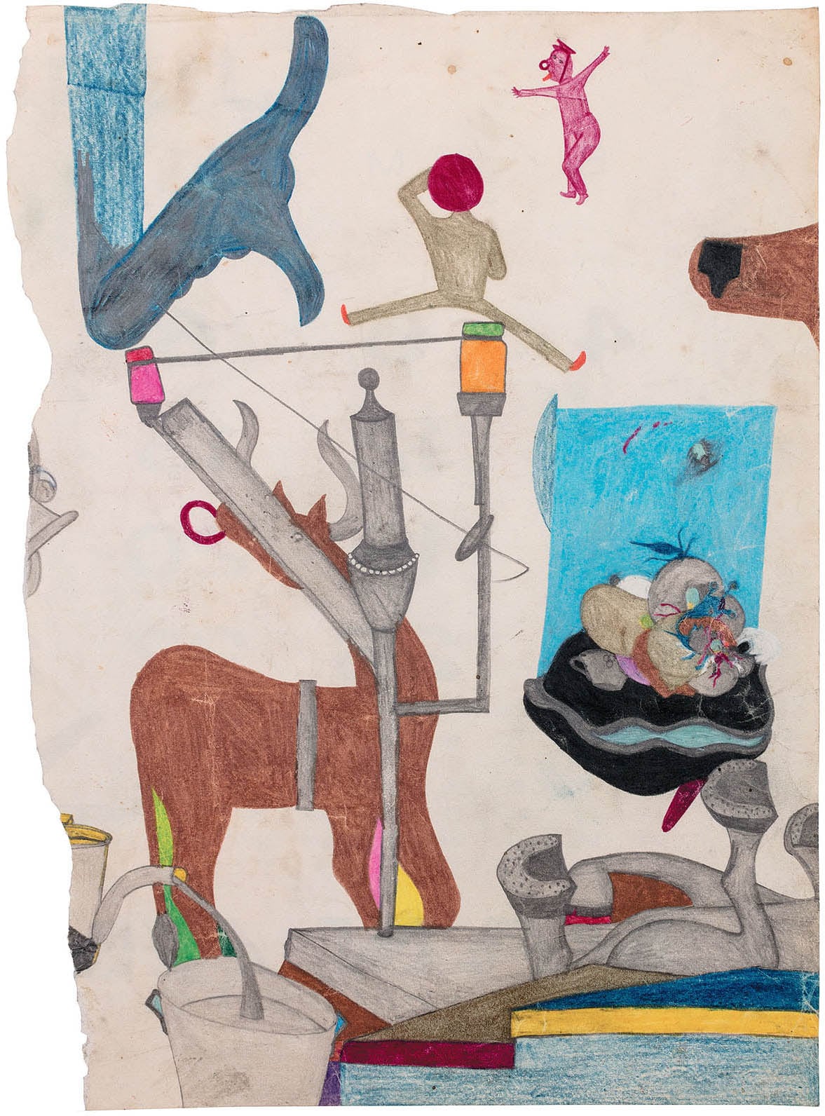 Susan Te Kahurangi King, <em>Untitled (D04054)</em>, c. 1965. Graphite, coloured pencil and ebony on found paper. 28.5 × 21 cm. Courtesy the artist, Chris Byrne and Marlborough Contemporary