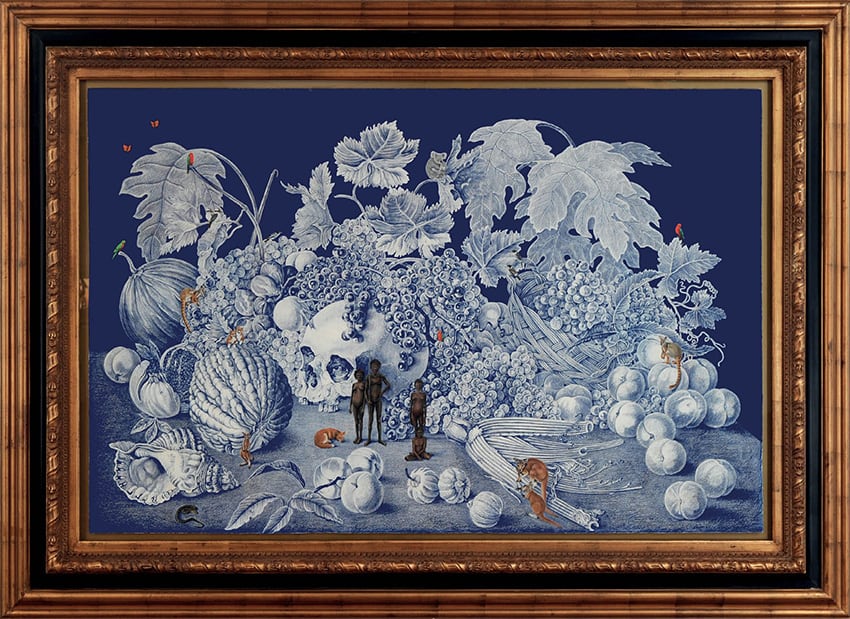 Danie Mellor, <em>Tempting Fruit (The Peaches of Georges Heights)</em> 2012, mixed media on paper, 77 x 117 cm. Image courtesy the artist