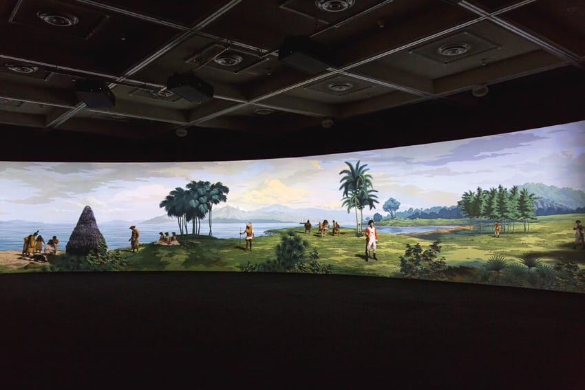 Lisa Reihana, <em>In Pursuit of Venus [Infected]<em> 2015-17. Single channel video, 16k Ultra-HD video, colour, sound, 64 mins. Supported by Creative New Zealand, New Zealand at Venice, Artprojects, Campbelltown Arts Centre, Park Road Post Installation view, Lisa Reihana | Cinemania, Campbelltown Arts Centre, 2018