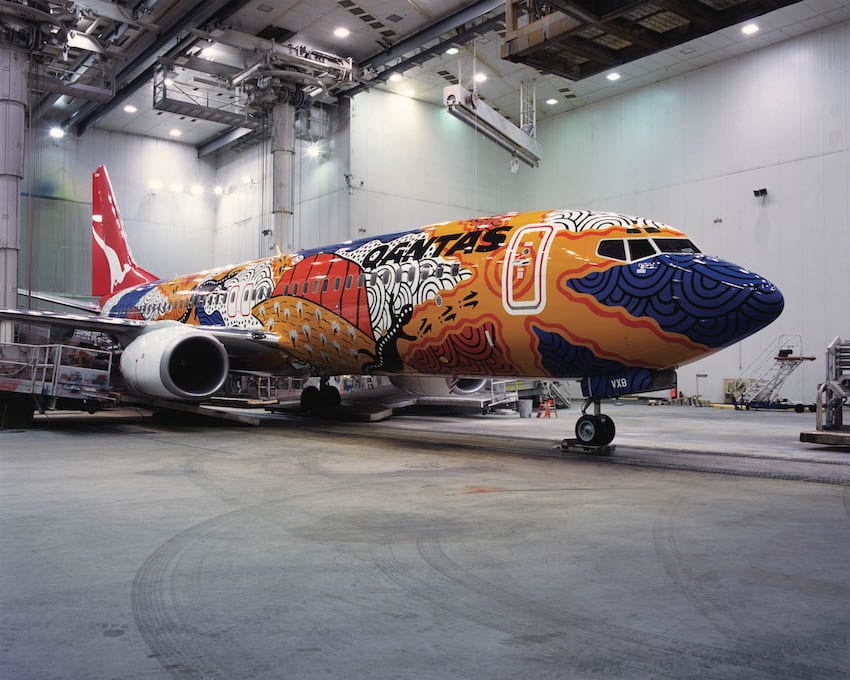 Fig. 6 Qantas Boeing 737 in America, having just been painted with Rene’s design Yananyi Dreaming. Seattle January 2002. AI-0189801 Rene Kulitja collection. Photo courtesy of QANTAS.