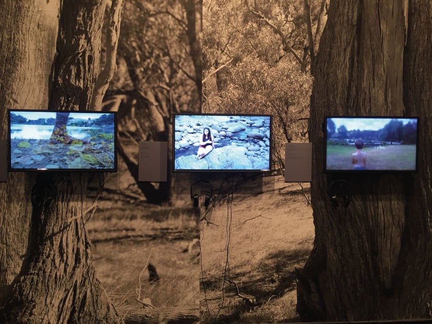 Korin Gamadji Institute, <em>Indigeneity: Aboriginal young people, storytelling, technology and identity</em> 2014–16, digital storytelling videos installed on screens at ACCA 2016–17. Image courtesy Korin Gamadji Institute. Photo: Fran Edmonds