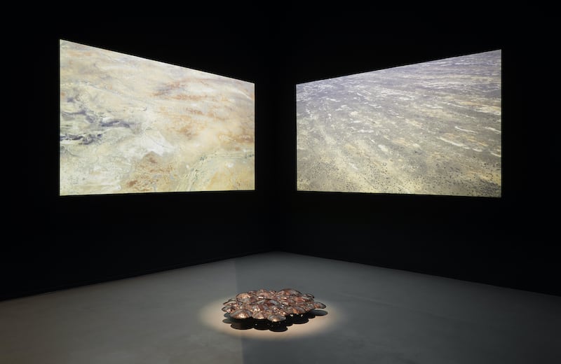 Shireen Taweel, 'tracing transcendence', 2018, pierced copper, audio and two-channel video installation. Image courtesy the artist. Photo: Zan Wimberley.