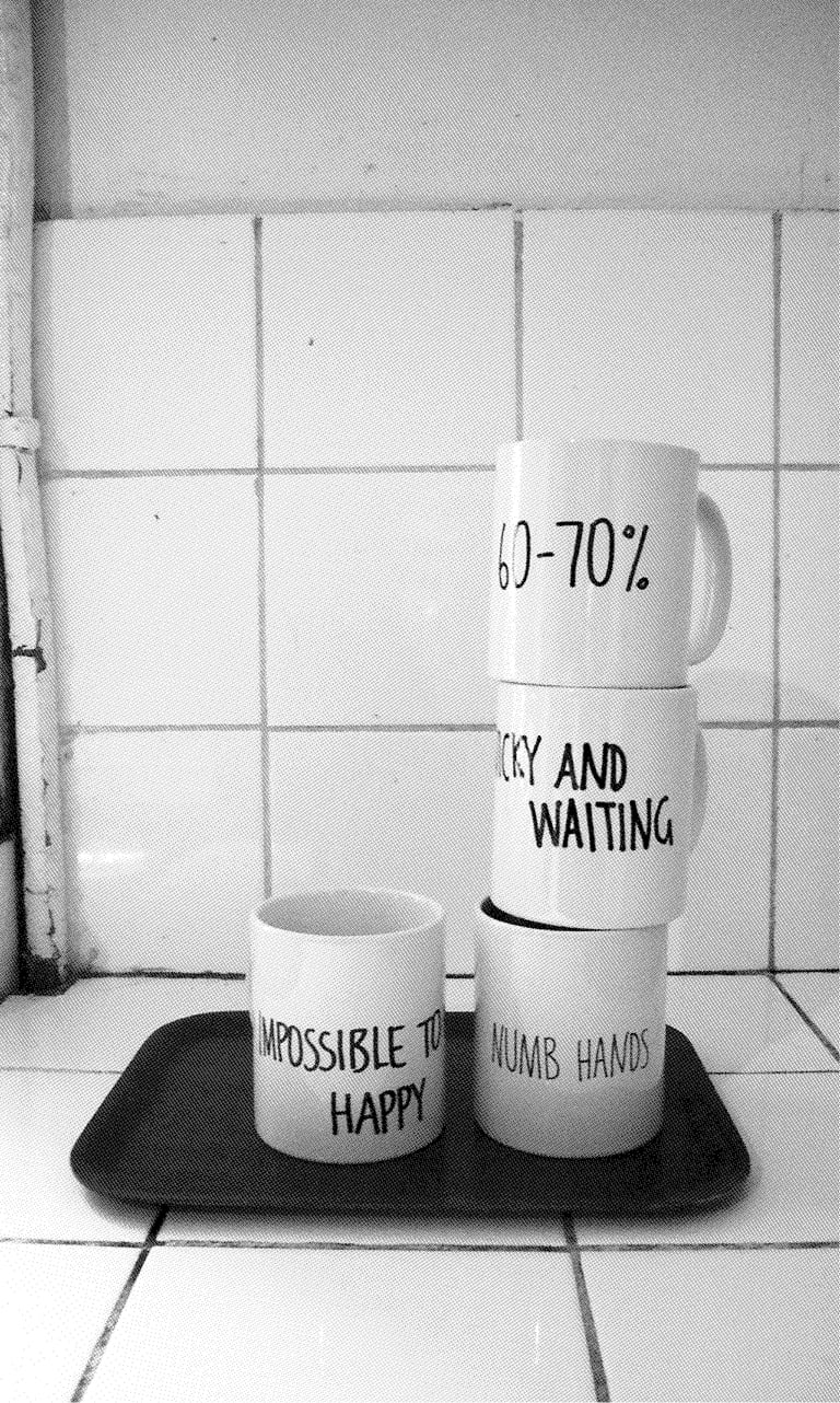 Laura Delany, <em>I’m Fine</em> custom printed coffee mugs, 2010, image courtesy Laura Delany