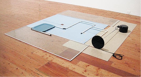Lou Hubbard, <em>Uneasy Body</em> 2010, Pirelli lino, floor lamp, glass shower screens, tray table and towel rack. Courtesy of the artist and Sarah Scout Presents, Melbourne