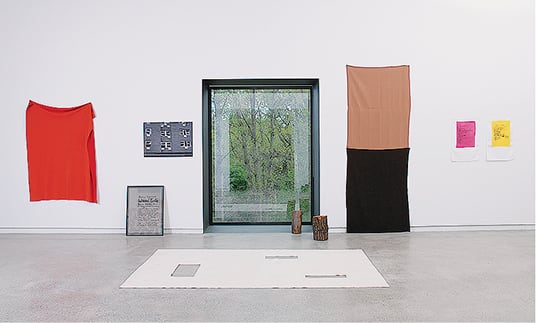 Elizabeth Newman, <em>You’re still making history that no one even knows how to</em> 2006, installation view, Heide Museum of Modern Art, fabric, tree logs, digital print and silk screen on linen. Courtesy of the artist and Neon Parc, Melbourne