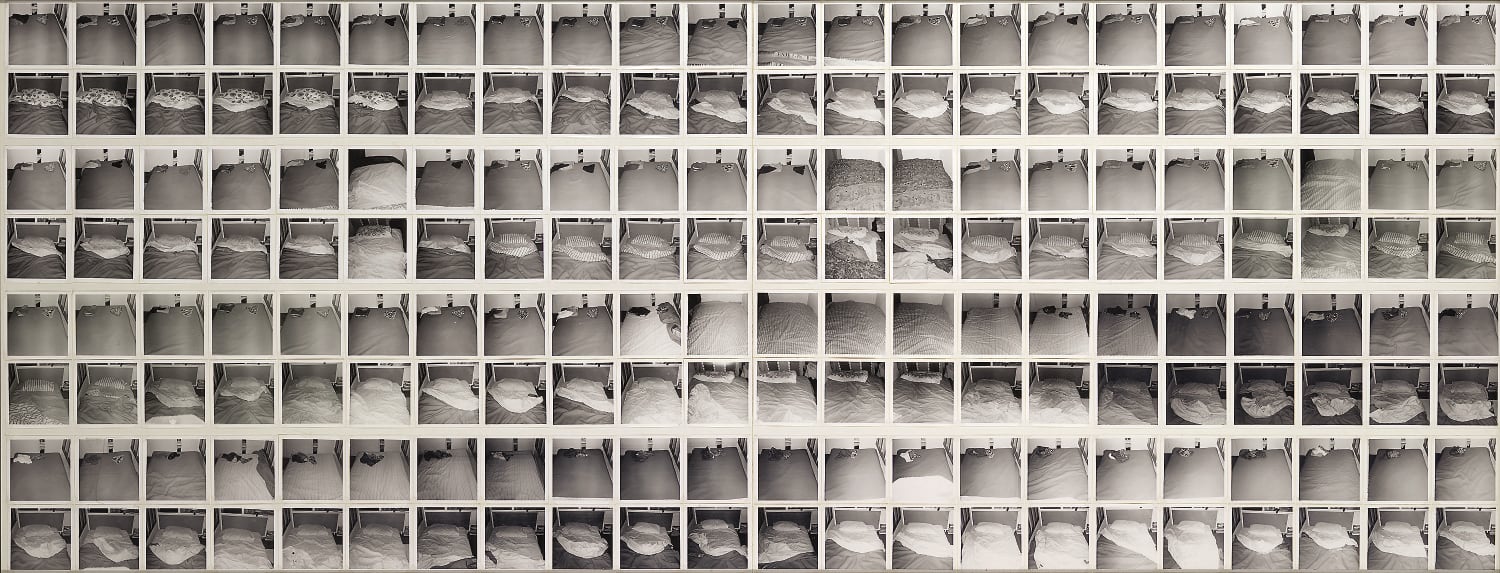 Robert Rooney, <em>AM–PM: 2 Dec 1973 – 28 Feb 1974</em> 1973–74, gelatin silver photographs and photo corners on cardboard, 75.1 × 197.4 cm, Image courtesy the artist and National Gallery of Victoria