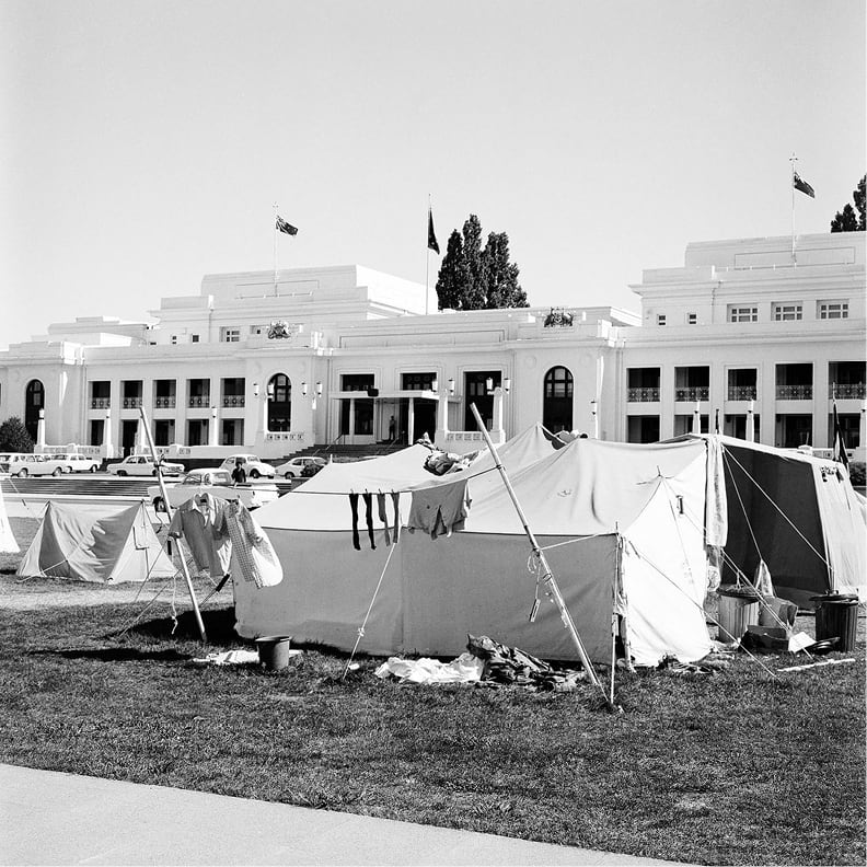 <em>Socks drying on makeshift clothesline outside tent opposite Parliament House</em> 1972, National Archives of Australia: A7973, INT1205/1