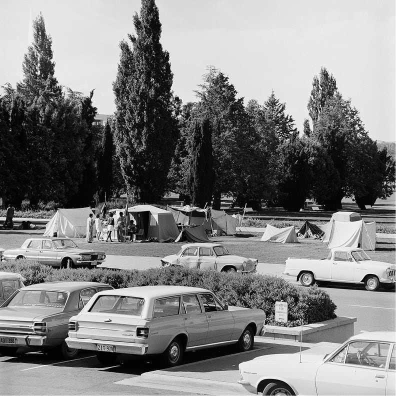 <em>Tents at the Aboriginal Embassy in early 1972</em> 1972, National Archives of Australia: A7973, INT1205/6