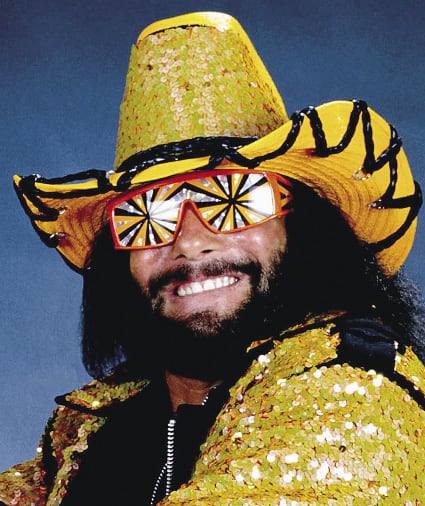 Macho Man Randy Savage is happy and glittery. Taken from advertising campaign for Slim Jims
