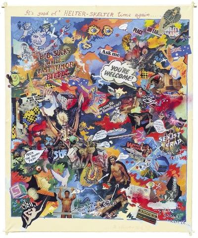 Mike Brown, <em>You’re welcome</em>, 1982–3, paper collage, plastic toys, plastic flower & acrylic on cotton duck, signed, titled & dated on reverse, 164 × 122 cm, courtesy of Charles Nodrum Gallery