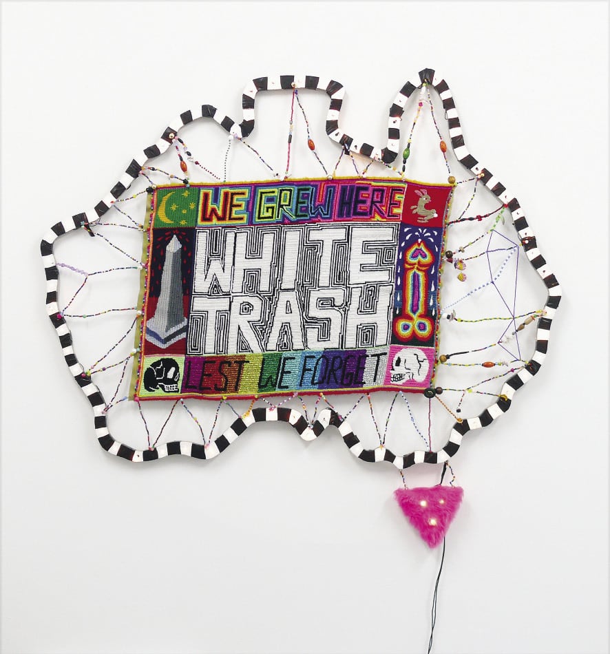 Paul Yore, <em>White Trash</em>, 2013, timber, lights, needlepoint, 110 × 118 cm, courtesy of the artist and Neon Parc, Melbourne