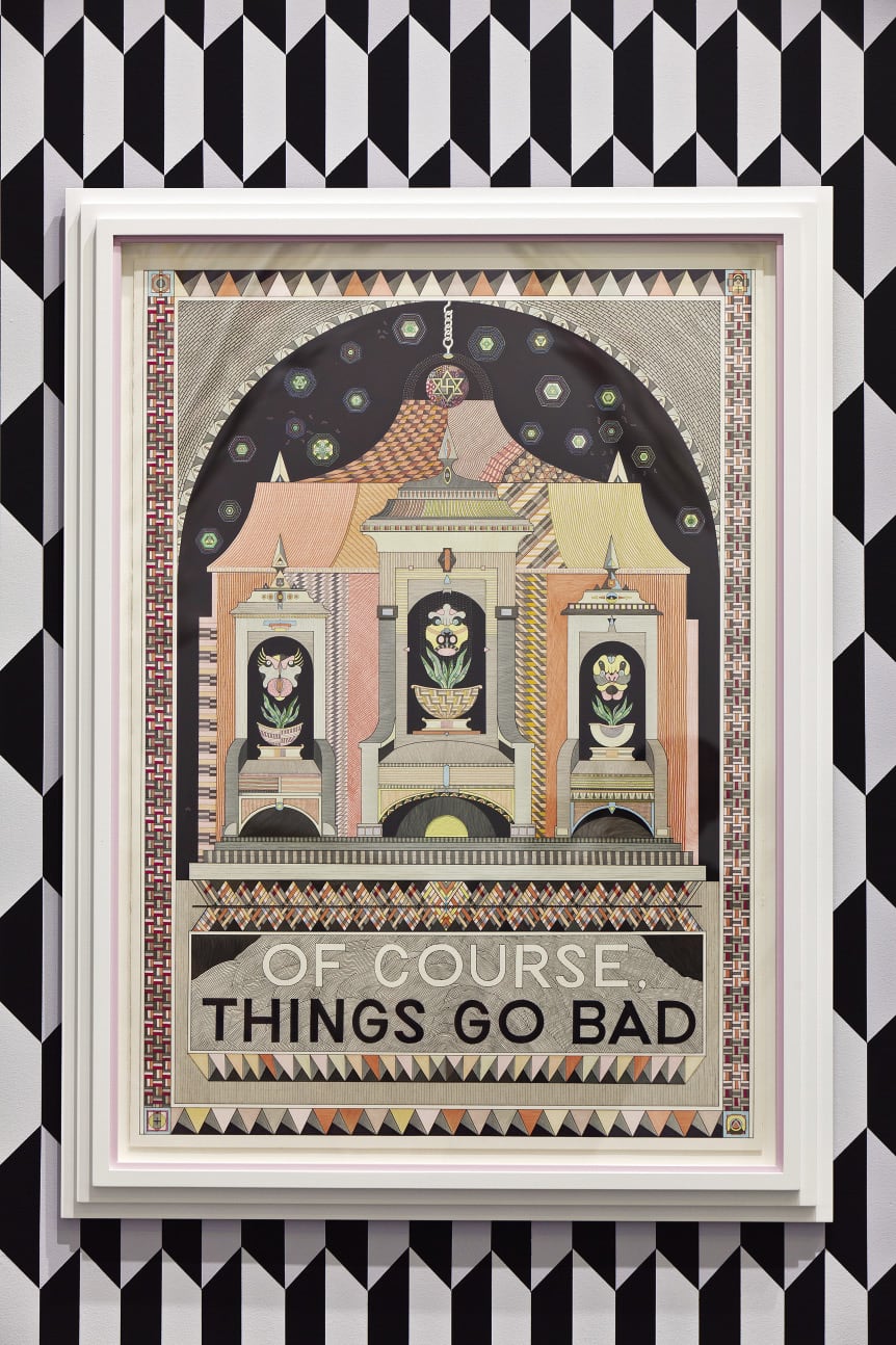 Jess Johnson, <em>Of course, things go bad</em>, 2013, artist frame, pen, copic markers, metallic paint on paper, 121 × 90 cm framed, photograph: Alex Davies