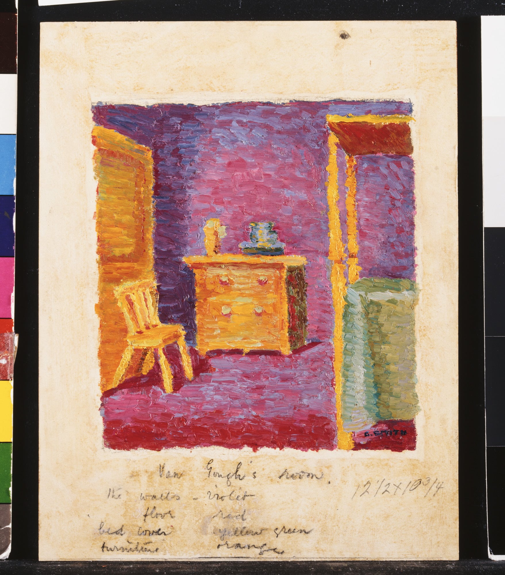 Grace Cossington Smith, <em>Van Gogh’s room</em>, c. 1916, oil on paper on composition board, image 19.4 × 17.5 cm, support 29.9 × 20.9 cm, National Gallery of Australia, Canberra, purchased 1976 © Estate of Grace Cossington Smith