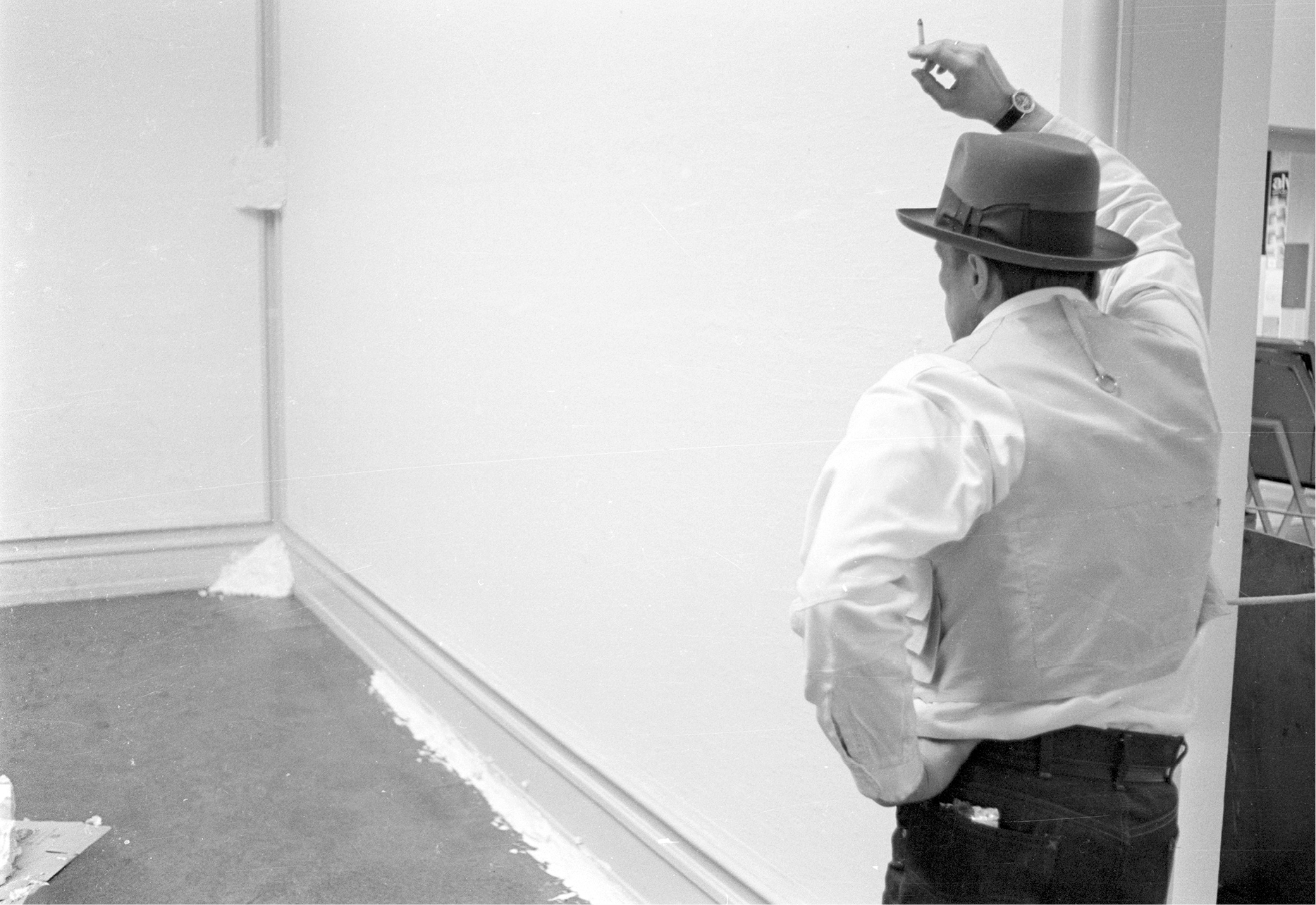 Joseph Beuys with Fettecke, 1969, from ‘When Attitudes Become Form’, Kunsthalle Bern, 1969, courtesy The Getty Research Institute, Los Angeles (2011.M.30) photograph: Balthasar Burkhard, courtesy J. Paul Getty Trust