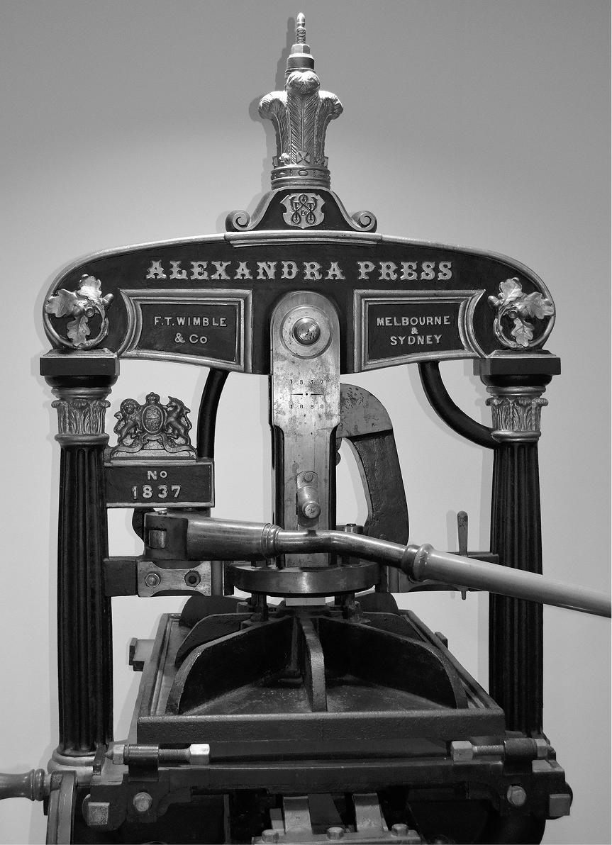 Alexandra Press, a steel hand-printing press, manufactured by F.T. Wimble & Co., Australia, 1888. Baillieu Library Collection, The University of Melbourne. Restored and presented to the University Library by the Friends of the Baillieu Library in 1976. Author’s photograph.