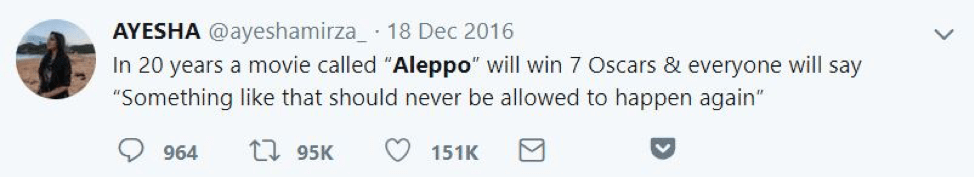 Figure 2: Tweet from AYESHA during the siege of Aleppo in December 2016. Courtesy of Twitter.
