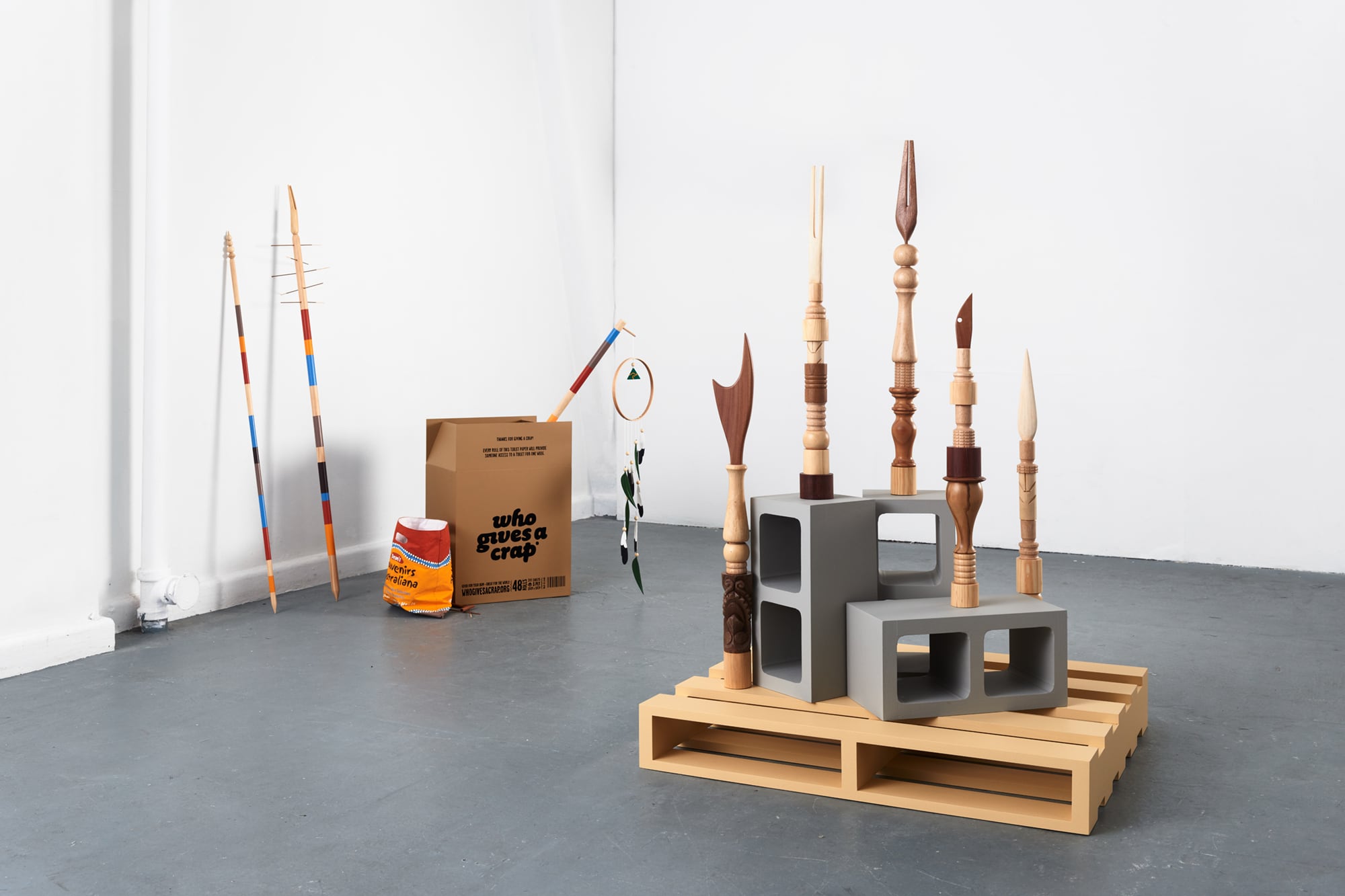 Carly Fischer, 'Creating False Memories for a Place That Never Was, Part 2' (2016), found Australian, Indonesian, African and Polynesian wooden souvenirs, found wooden household objects, pine, Tasmanian oak, balsa, bamboo, MDF, cotton, nylon, rocks, adhesives, acrylic paint and varnishes and audio soundscape (mixed by Mieko Suzuki, in collaboration with Carly Fischer), dimensions variable. Photo: Matthew Stanton.