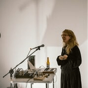 Image 04: Félicia Atkinson at the opening of her exhibition Sound Series: Stick and Stone at BLINDSIDE, August 2017. Photo: Keelan O’Hehir.
