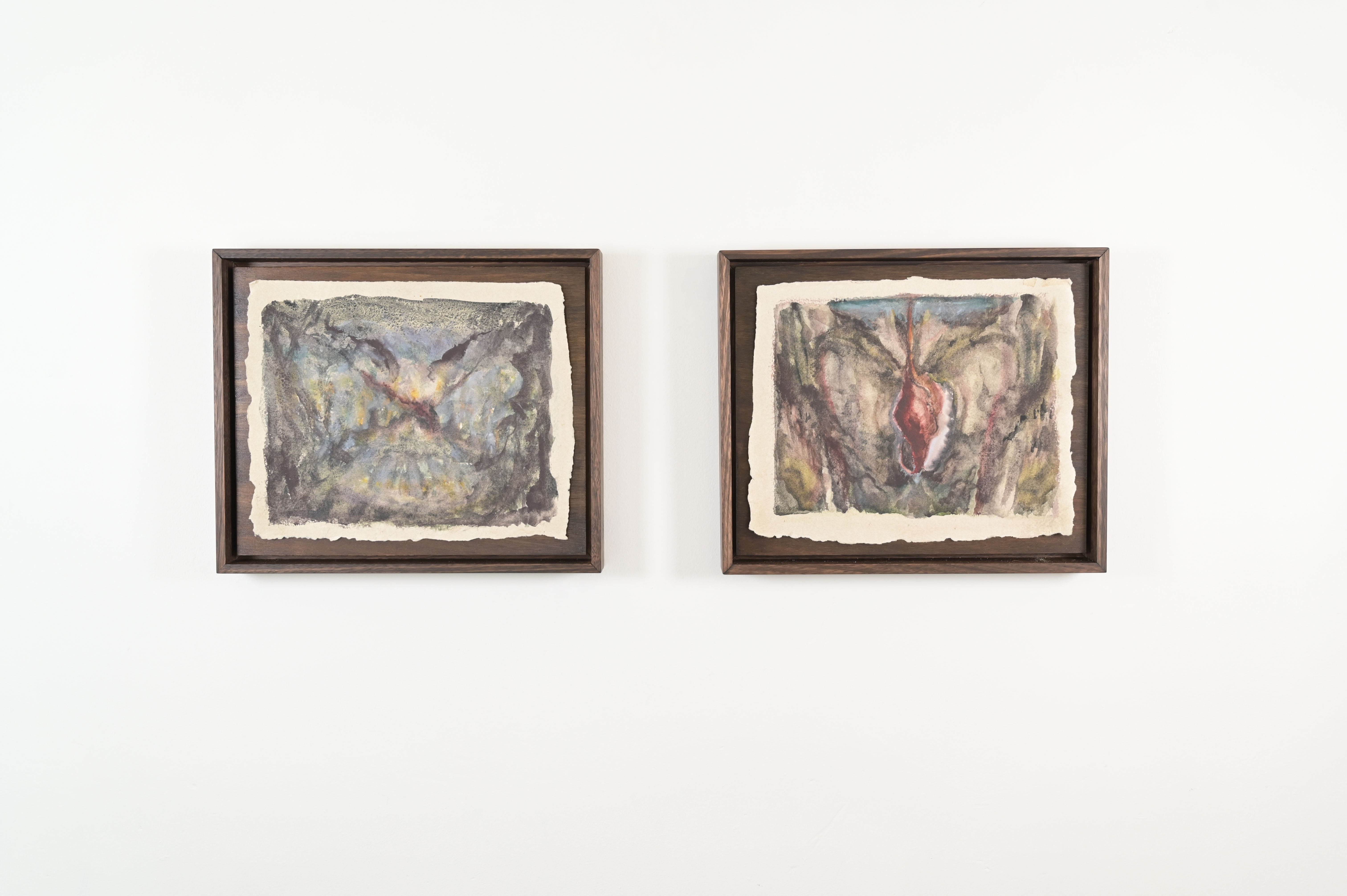 left: Victoria Stolz, ‘Vision ii (evening light)’ 2020, framed watercolour on handmade paper; right: Victoria Stoltz, ‘Vision viii (leaf)’ 2020, framed watercolour on handmade paper. Photograph: Storm Gold.