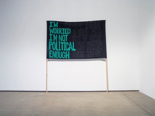 Image 02: Raquel Ormella, banner from the series *I’m worried this will become a slogan* (1999-2009), installation view, IMA, Brisbane. Photo credit: Carl Warner.