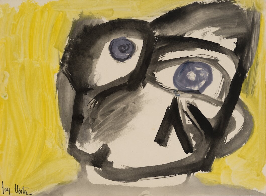 Image 02: Joy Hester, Face (with Yellow Background), c.1947, brush and ink and gouache on paper, 27.6 x 37.6 cm. Heide Museum of Modern Art, Melbourne. Gift of Barrett Reid 1990. Copyright Joy Hester/Copyright Agency 2019.