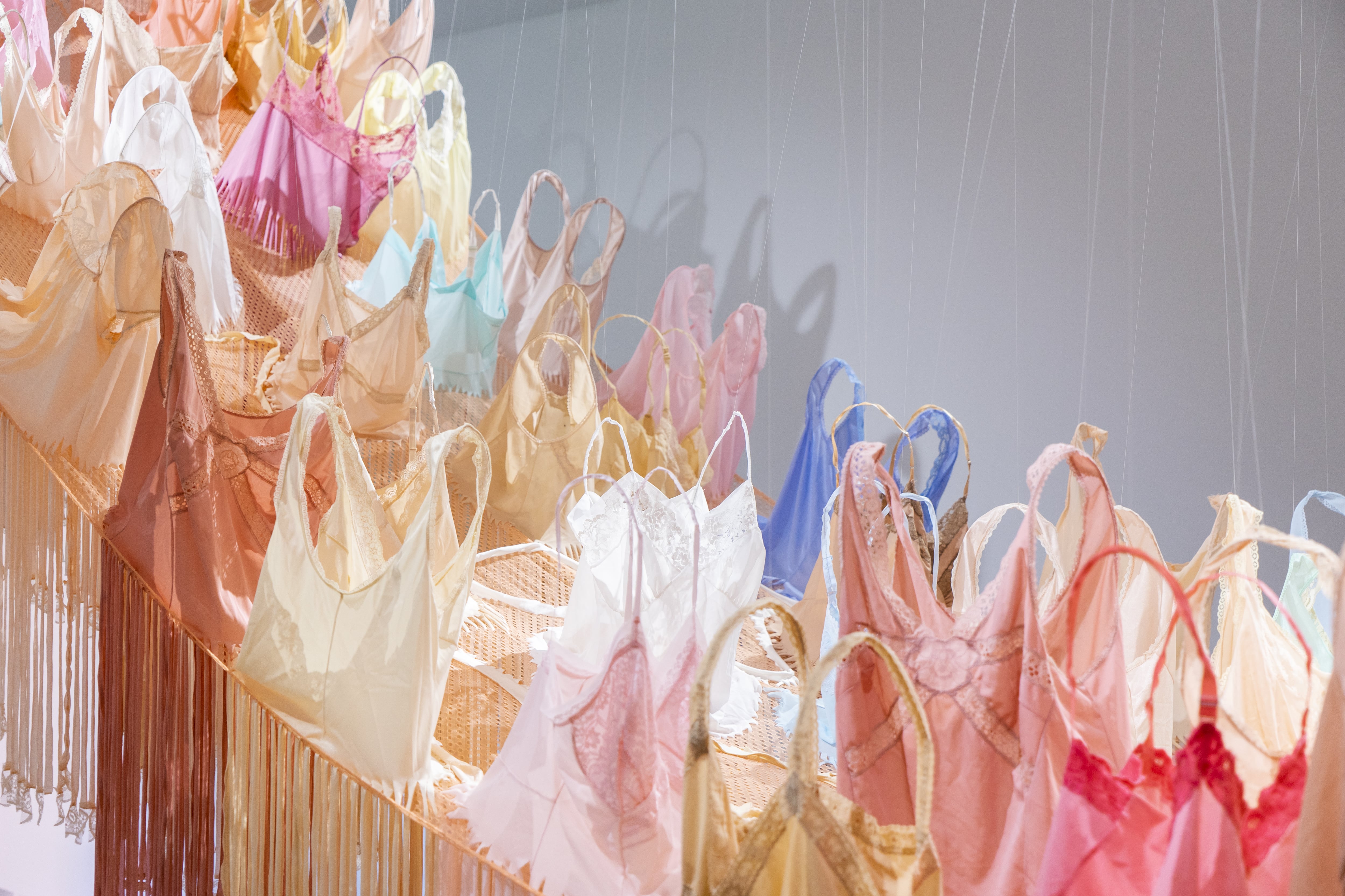 Image 02: Hannah Gartside, 'The Sleepover' (detail) 2018, found nighties and slips, found synthetic fabric and cotton ribbon, millinery wire, thread, wood 540.0 x 280.0 x 210.0 cm. Image courtesy of Ararat Gallery TAMA, Ararat Rural City Council, the artist and Louis Lim.