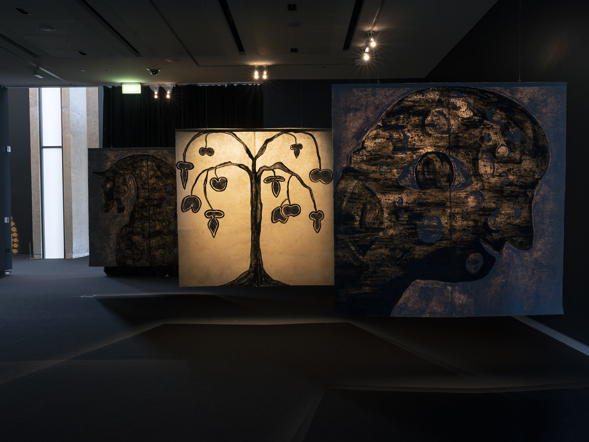 Image 03: Judith Wright, 'Second Sight' (2018–2019), three works on Japanese paper, acrylic and wax, 200 x 200 cm each. Installation view Second Sight, UQ Art Museum. Courtesy of the artist, Fox Jensen, Sydney and Sophie Gannon, Melbourne. Photo: Carl Warner