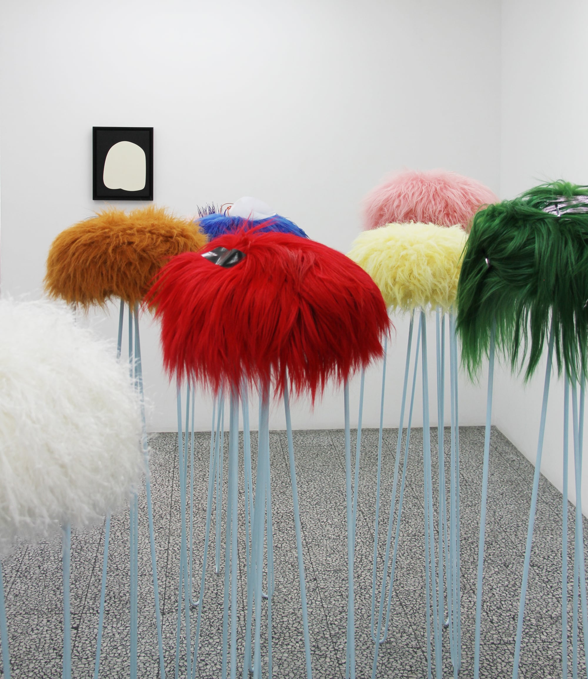 Image 02: John Meade, 'The Puschelhockers' (2018), fake and real fur, steel, acrylic paint, hairclips, plastic, chain, feathers, eight pieces, 2m high. Images courtesy of the artist and Sutton Gallery. Photo: Andrew Browne / Brent Harris, 'Bubble' (1995), oil on canvas, 54 43 cm (framed). Image courtesy of the artist and Tolarno Galleries. Photo: Andrew Browne.