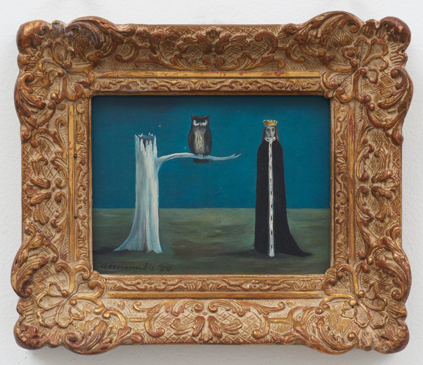 Image 02: Gertrude Abercrombie, Queen and Owl in Tree (1954), oil on Masonite, 114.3 x 152.4 mm (unframed), 190.5 x 215.9 mm (framed). Collection of Illinois State Museum, Illinois Legacy Collection, museum purchase.