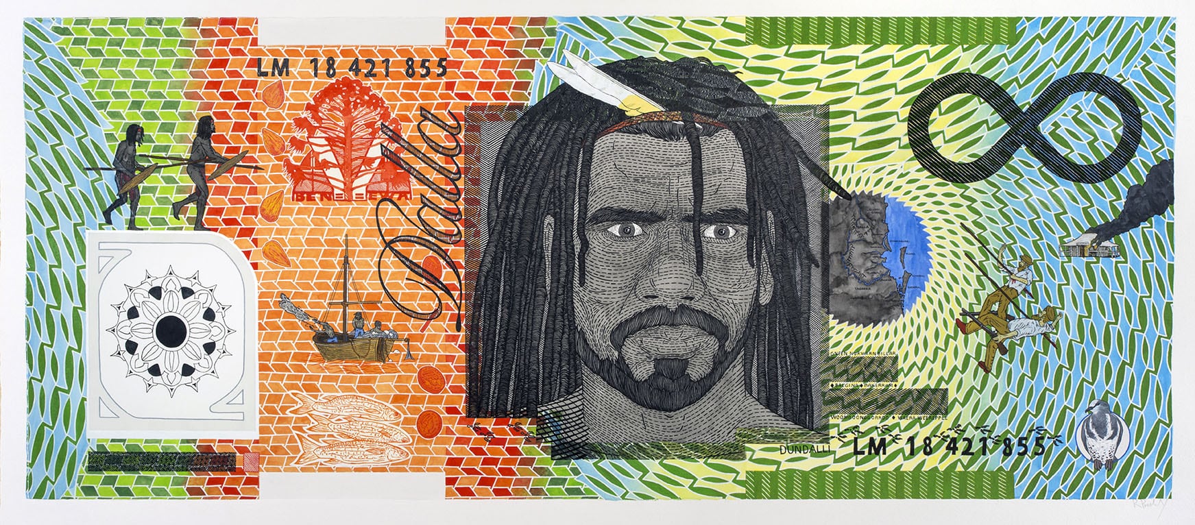 Image 01: Ryan Presley *Infinite Dollar Note - Dundalli Commemorative* 2017, watercolour on arches paper, 126x187cm. Photo: Carl Warner.