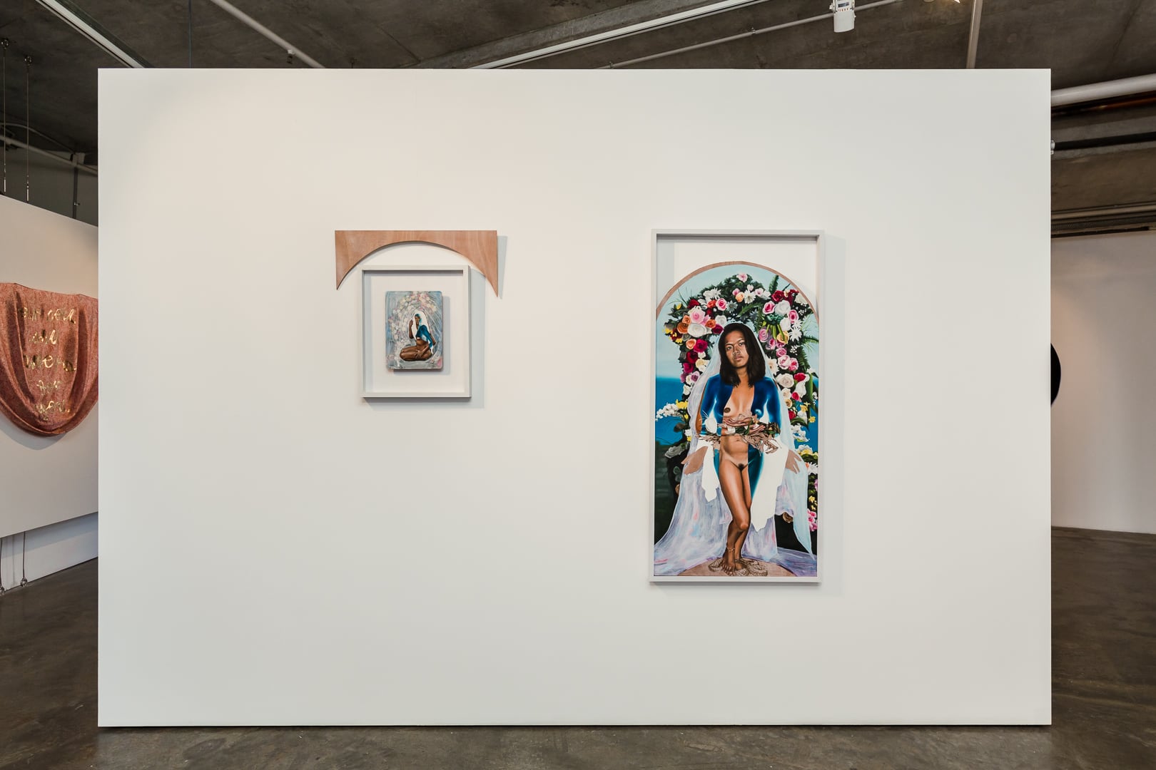 Image 03: L-R Marikit Santiago *Be* 2017, acrylic oil and pyrography on MDF placemat 50x50cm; Marikit Santiago *Blessed Virgin Fierce* 2018, acrylic, oil and pyrography on ply 135x65cm. Image: Document Photography. Courtesy of the artist and Verge Gallery.