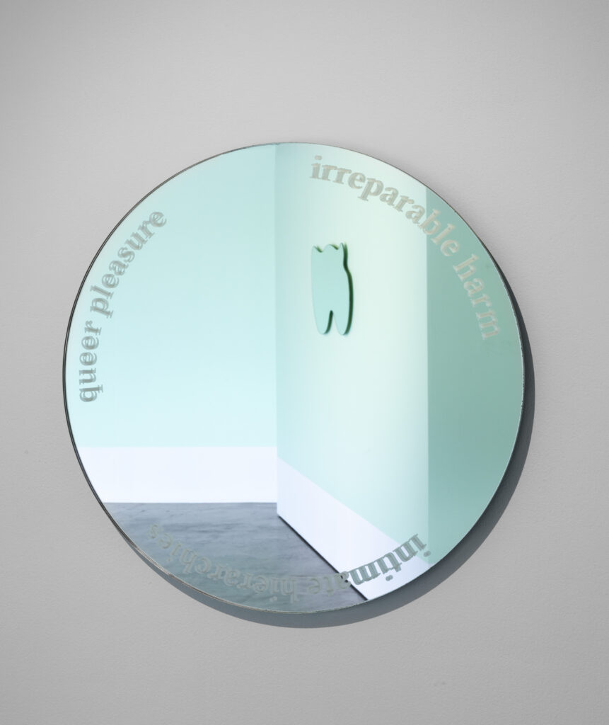 A round mirror against a grey wall. Along the edge of the mirror are three phrases etched: 'queer pleasure', 'irreparable harm', 'intimate hierarchies'